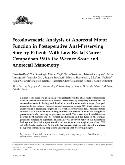 Fecoﬂowmetric Analysis of Anorectal Motor Function in Postoperative