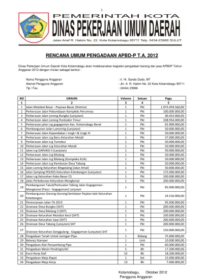 Rup Apbdp Dinas Pekerjaan Umum Kota Kotamobagu Tahun