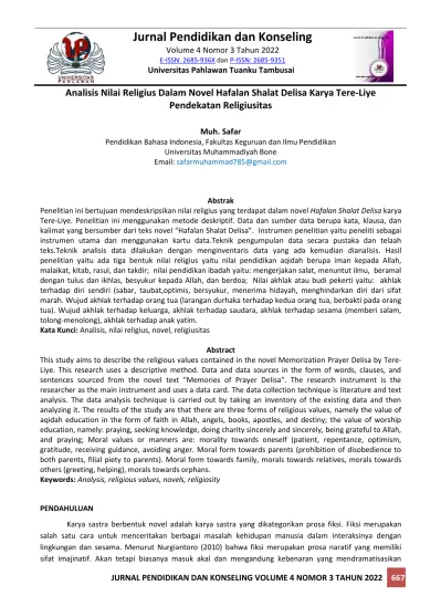 Analisis Nilai Religius Dalam Novel Hafalan Shalat Delisa Karya Tere