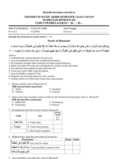 Soal Asesmen Sumatif Akhir Semester Asas Genap Al Quran Hadis Kelas