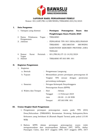 PEDOMAN Laporan Form A PTPS SRUWENG 1