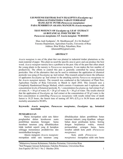 Uji Potensi Ekstrak Daun Ekaliptus Eucalyptus Sp Sebagai Insektisida