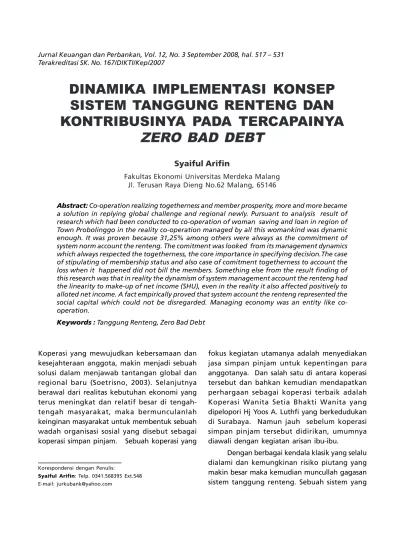 Dinamika Implementasi Konsep Sistem Tanggung Renteng Dan Kontribusinya