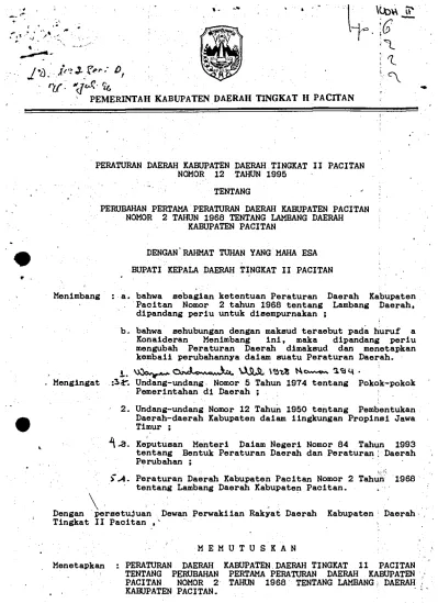 PERDA NO 12 TAHUN 1995 TENTANG PERUBAHAN PERTAMA PERATURAN DAERAH