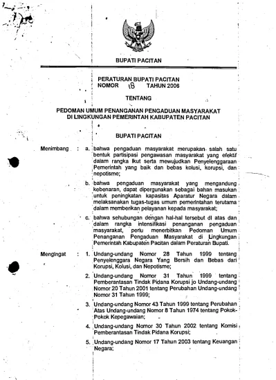 PERBUP NO 18 TAHUN 2006 TENTANG PEDOMAN UMUM PENANGANAN PENGADUAN