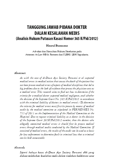 TANGGUNG JAWAB PIDANA DOKTER DALAM KESALAHAN MEDIS Analisis Hukum