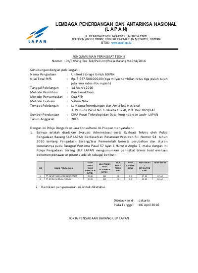 Lpse Lembaga Penerbangan Dan Antariksa Nasional Peringkat Teknis