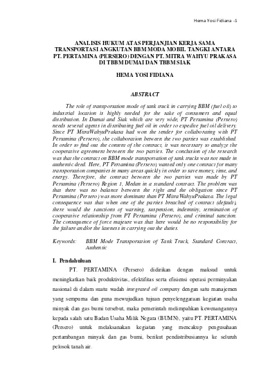 Analisis Hukum Atas Perjanjian Kerja Sama Transportasi Angkutan Bbm