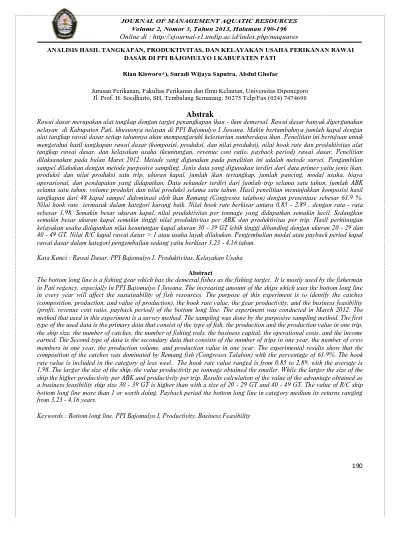 Analisis Hasil Tangkapan Produktivitas Dan Kelayakan Usaha Perikanan