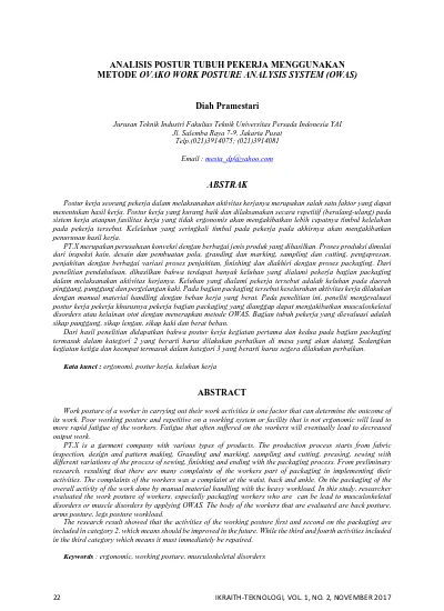 Analisis Postur Tubuh Pekerja Menggunakan Metode Ovako Work Posture