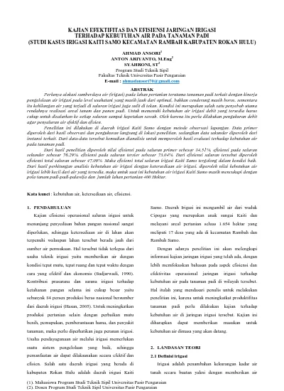 Kajian Efektifitas Dan Efisiensi Jaringan Irigasi Terhadap Kebutuhan