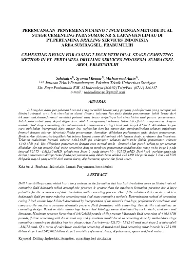 Perencanaan Penyemenan Casing Inch Dengan Metode Dual Stage Cementing