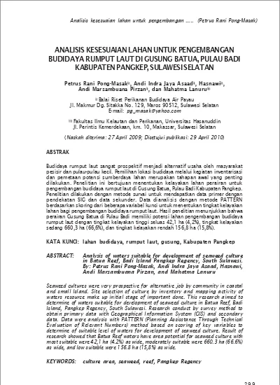 Analisis Kesesuaian Lahan Untuk Pengembangan Budidaya Rumput Laut Di
