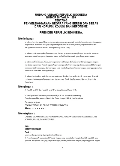 UNDANG UNDANG REPUBLK INDONESIA NOMOR 28 TAHUN 1999 TENTANG