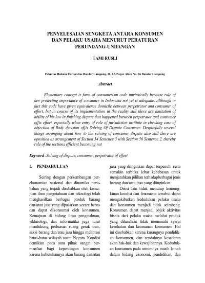 PENYELESAIAN SENGKETA ANTARA KONSUMEN DAN PELAKU USAHA MENURUT