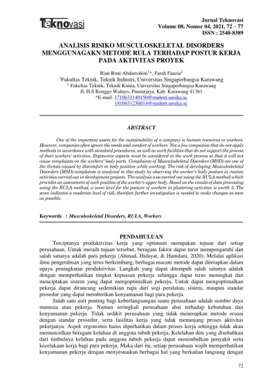 ANALISIS RISIKO MUSCULOSKELETAL DISORDERS MENGGUNAGAKN METODE RULA