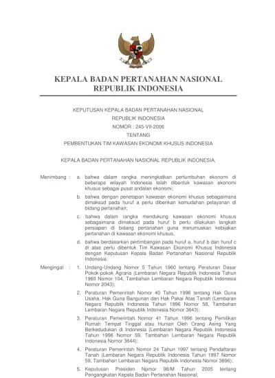 Keputusan Kepala Bpn Nomor 245 Vii 2006 Ttg Pembentukan Tim Kawasan