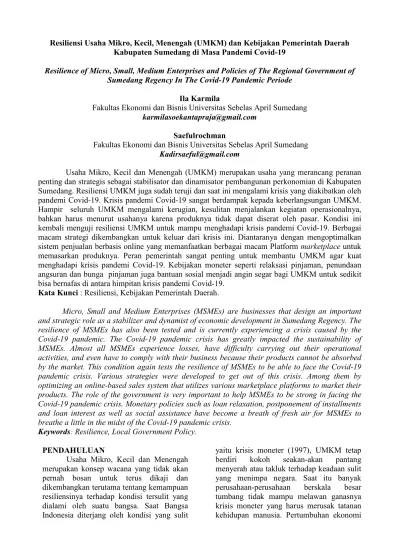 Resiliensi Usaha Mikro Kecil Menengah UMKM Dan Kebijakan Pemerintah