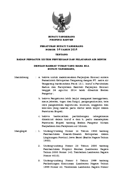 BUPATI TANGERANG PROPINSI BANTEN PERATURAN BUPATI TANGERANG NOMOR 54