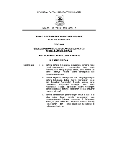 LEMBARAN DAERAH KABUPATEN KUNINGAN NOMOR 113 TAHUN 2010 SERI E