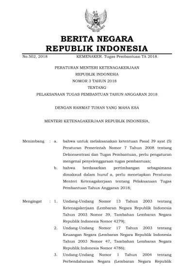 BERITA NEGARA REPUBLIK INDONESIA No 502 2018 KEMENAKER Tugas