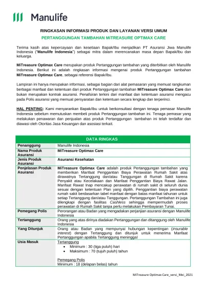 Ringkasan Informasi Produk Dan Layanan Versi Umum Pertanggungan