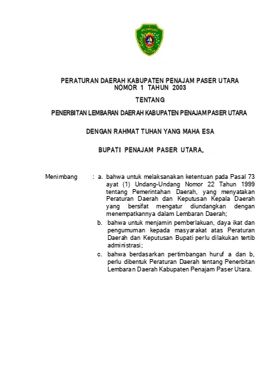 Peraturan Daerah Kabupaten Penajam Paser Utara Nom Or Tahun