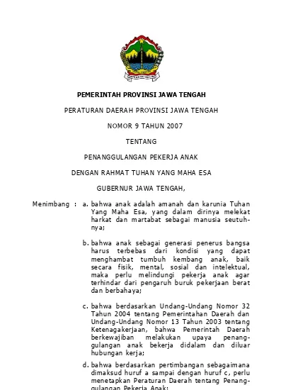 Pemerintah Provinsi Jawa Tengah Peraturan Daerah Provinsi Jawa Tengah