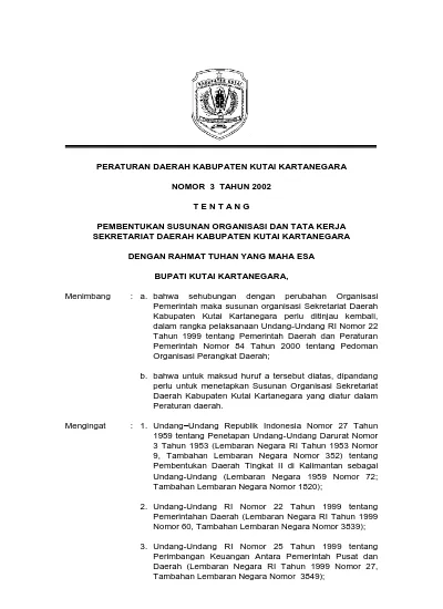 PERATURAN DAERAH KABUPATEN KUTAI KARTANEGARA NOMOR 3 TAHUN 2002 T E N T