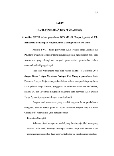 BAB IV HASIL PENELITIAN DAN PEMBAHASAN A Analisis SWOT Dalam