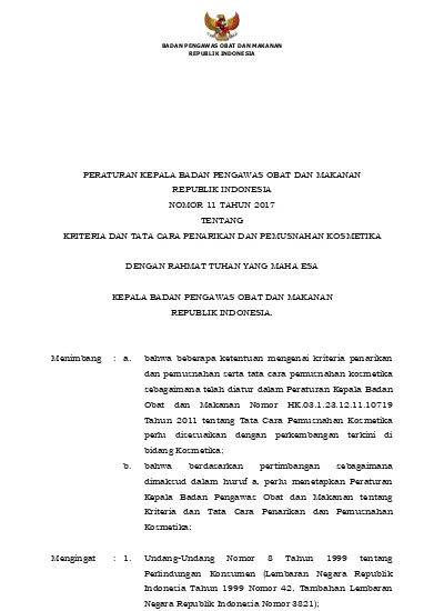 Peraturan Kepala Badan Pengawas Obat Dan Makanan Republik Indonesia