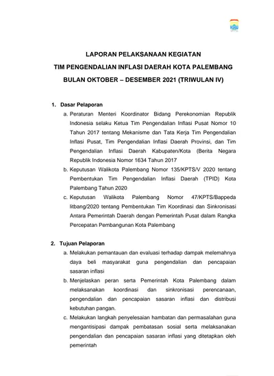 Laporan Pelaksanaan Kegiatan Tim Pengendalian Inflasi Daerah Kota