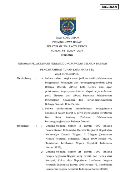 Wali Kota Depok Provinsi Jawa Barat Peraturan Wali Kota Depok Nomor