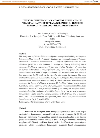 PENINGKATAN KEMAMPUAN MENGENAL HURUF MELALUI PERMAINAN KARTU HURUF PADA
