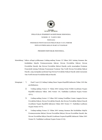 PERATURAN PEMERINTAH REPUBLIK INDONESIA NOMOR 25 TAHUN 2004 TENTANG