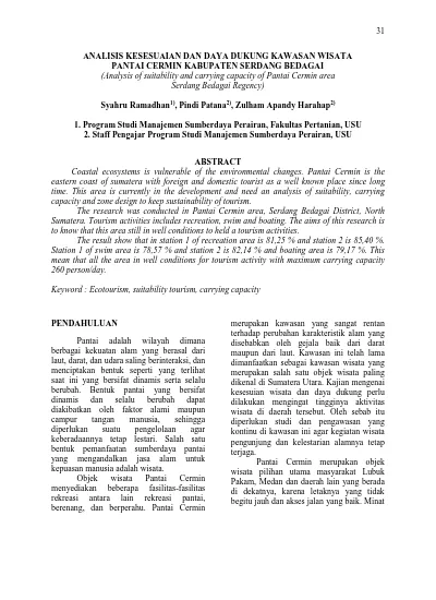 ANALISIS KESESUAIAN DAN DAYA DUKUNG KAWASAN WISATA PANTAI CERMIN
