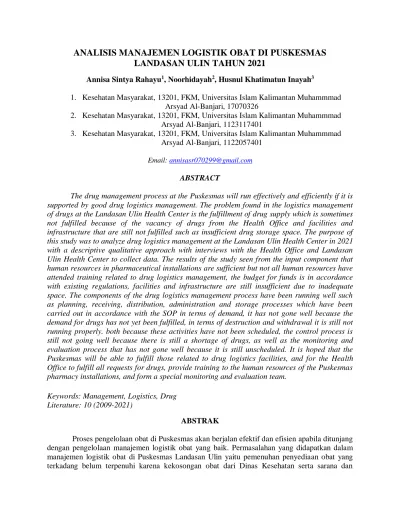 Analisis Manajemen Logistik Obat Di Puskesmas Landasan Ulin Tahun