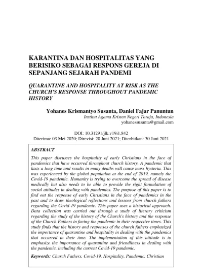 Karantina Dan Hospitalitas Yang Berisiko Sebagai Respons Gereja Di