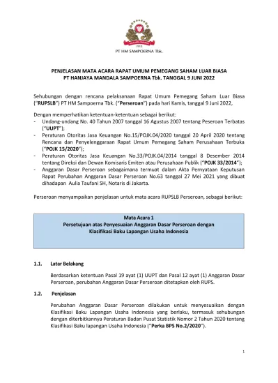 Penjelasan Mata Acara Rapat Umum Pemegang Saham Luar Biasa Pt Hanjaya