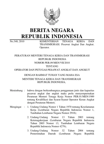 Berita Negara Republik Indonesia No Kementerian Tenaga Kerja