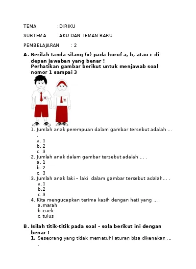 Soal Ulangan Kelas Sd Kurikulum Revisi Tema Diriku Subtema Aku Dan Teman Baru