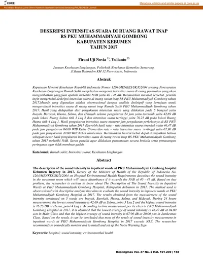 Deskripsi Intensitas Suara Di Ruang Rawat Inap Rs Pku Muhammadiyah