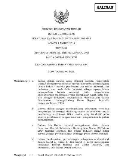 Provinsi Kalimantan Tengah Bupati Gunung Mas Peraturan Daerah Kabupaten