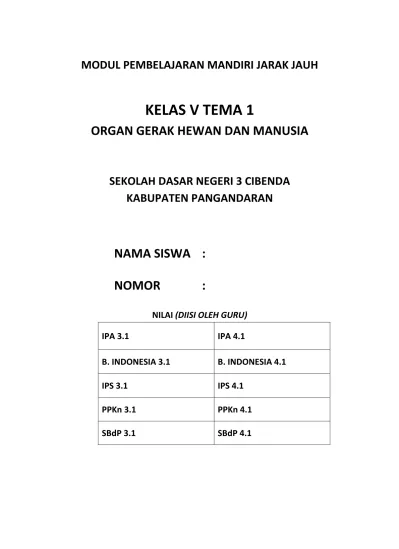 Modul Pembelajaran Mandiri Jarak Jauh Kelas V Tema Organ Gerak Hewan