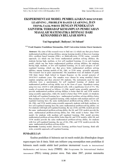 Eksperimentasi Model Pembelajaran Discovery Learning Problem Based