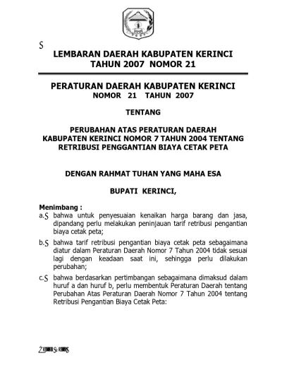 Lembaran Daerah Kabupaten Kerinci Tahun Nomor Peraturan Daerah