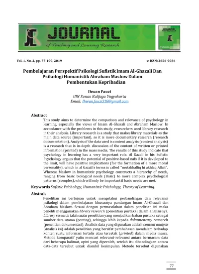 Pembelajaran Perspektif Psikologi Sufistik Imam Al Ghazali Dan