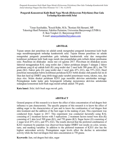 Pengaruh Konsentrasi Kulit Buah Naga Merah Hylocereus Polyrhizus Dan