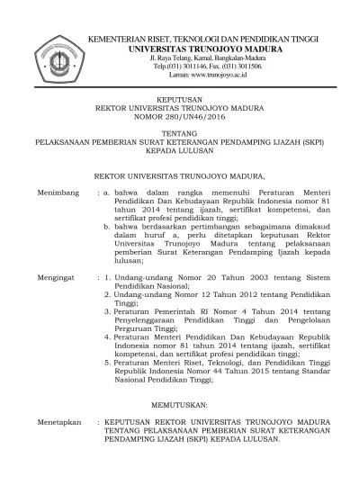 KEPUTUSAN REKTOR UNIVERSITAS TRUNOJOYO MADURA NOMOR 280 UN46 2016