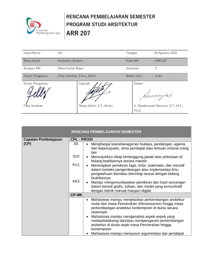 RENCANA PEMBELAJARAN SEMESTER PROGRAM STUDI ARSITEKTUR Issue Revisi